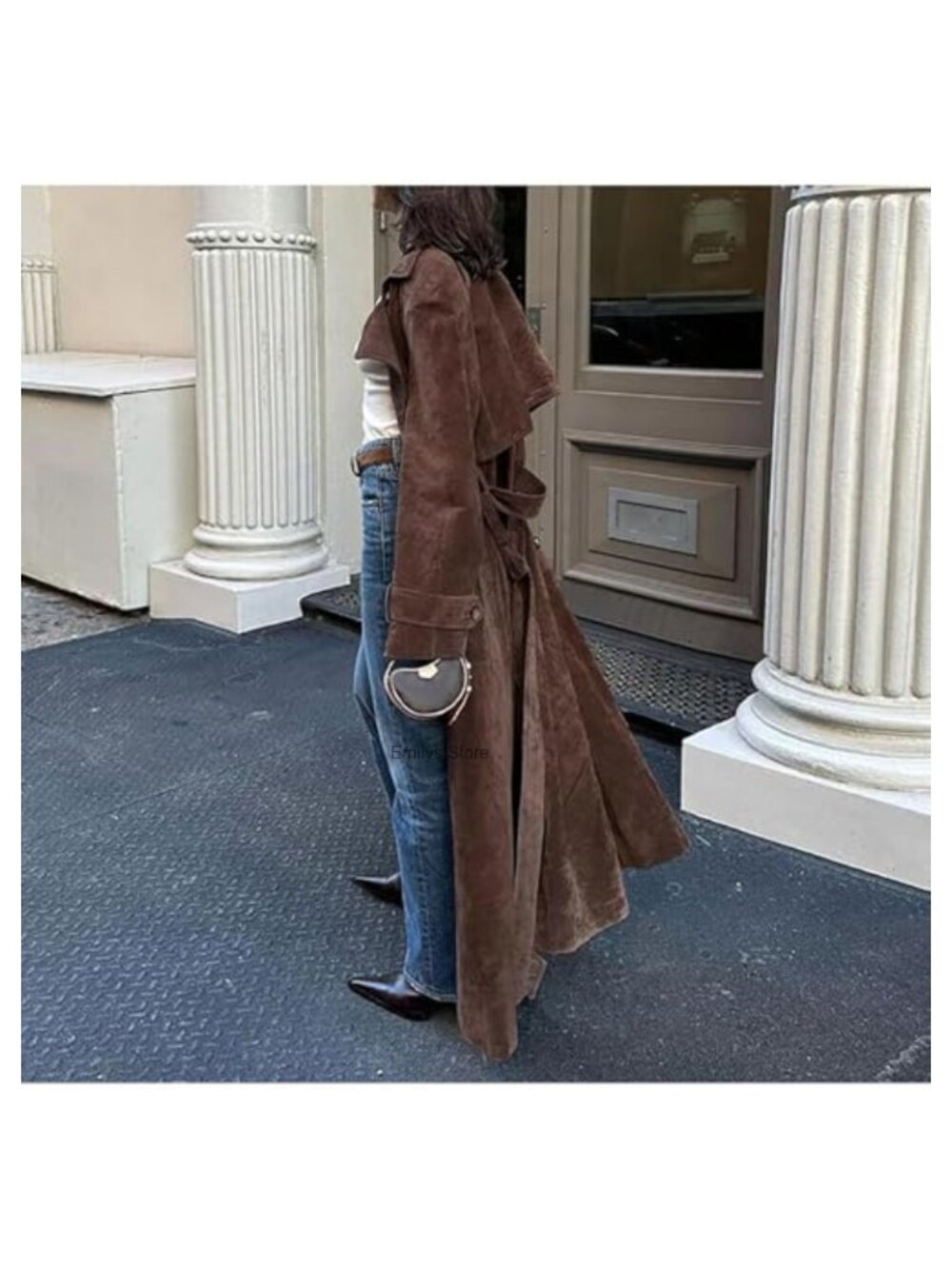 Faux Suede Long Trench Coat Notched Lapel Double Breasted Pea Coat Belt - Picture 2 of 6